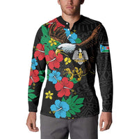 Black button polo sweatshirt with hibiscus floral and eagle print, sleeve flag detail
