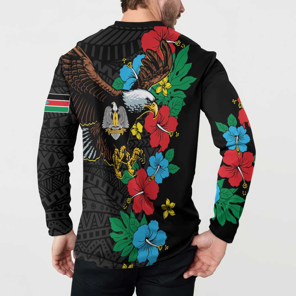 Black button polo sweatshirt, back eagle and hibiscus floral graphic, sleeve flag detail