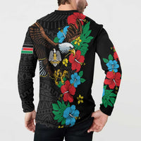 Black button polo sweatshirt, back eagle and hibiscus floral graphic, sleeve flag detail