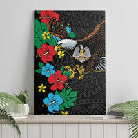 Black canvas wall art with colorful hibiscus flowers and bird over patterned motifs
