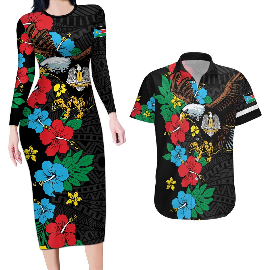 South Sudan Couples Matching Long Sleeve Bodycon Dress and Hawaiian Shirt Hibiscus Floral African Pattern - Wonder Print Shop