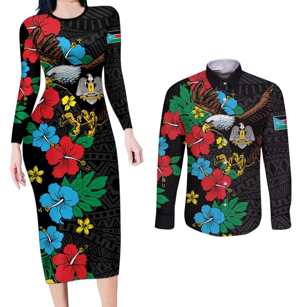 South Sudan Couples Matching Long Sleeve Bodycon Dress and Long Sleeve Button Shirt Hibiscus Floral African Pattern - Wonder Print Shop