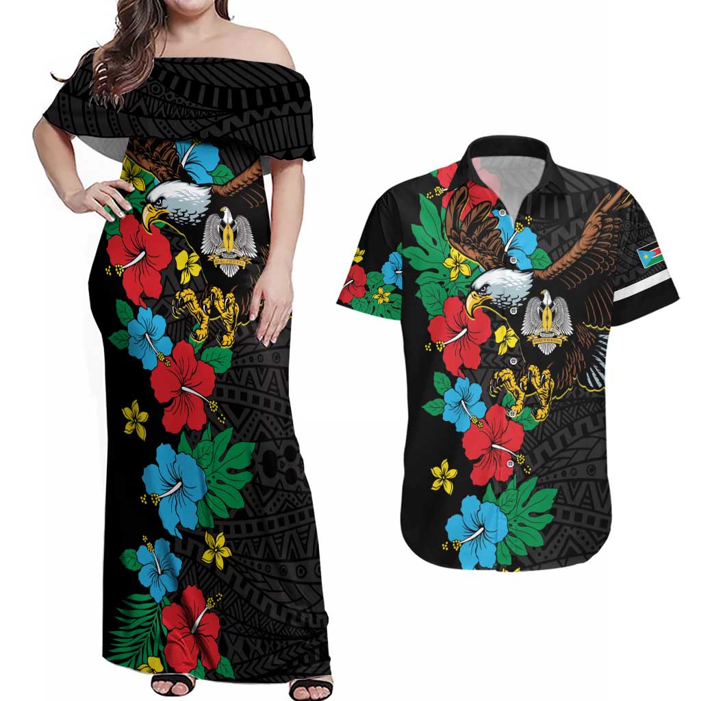 South Sudan Couples Matching Off Shoulder Maxi Dress and Hawaiian Shirt Hibiscus Floral African Pattern - Wonder Print Shop