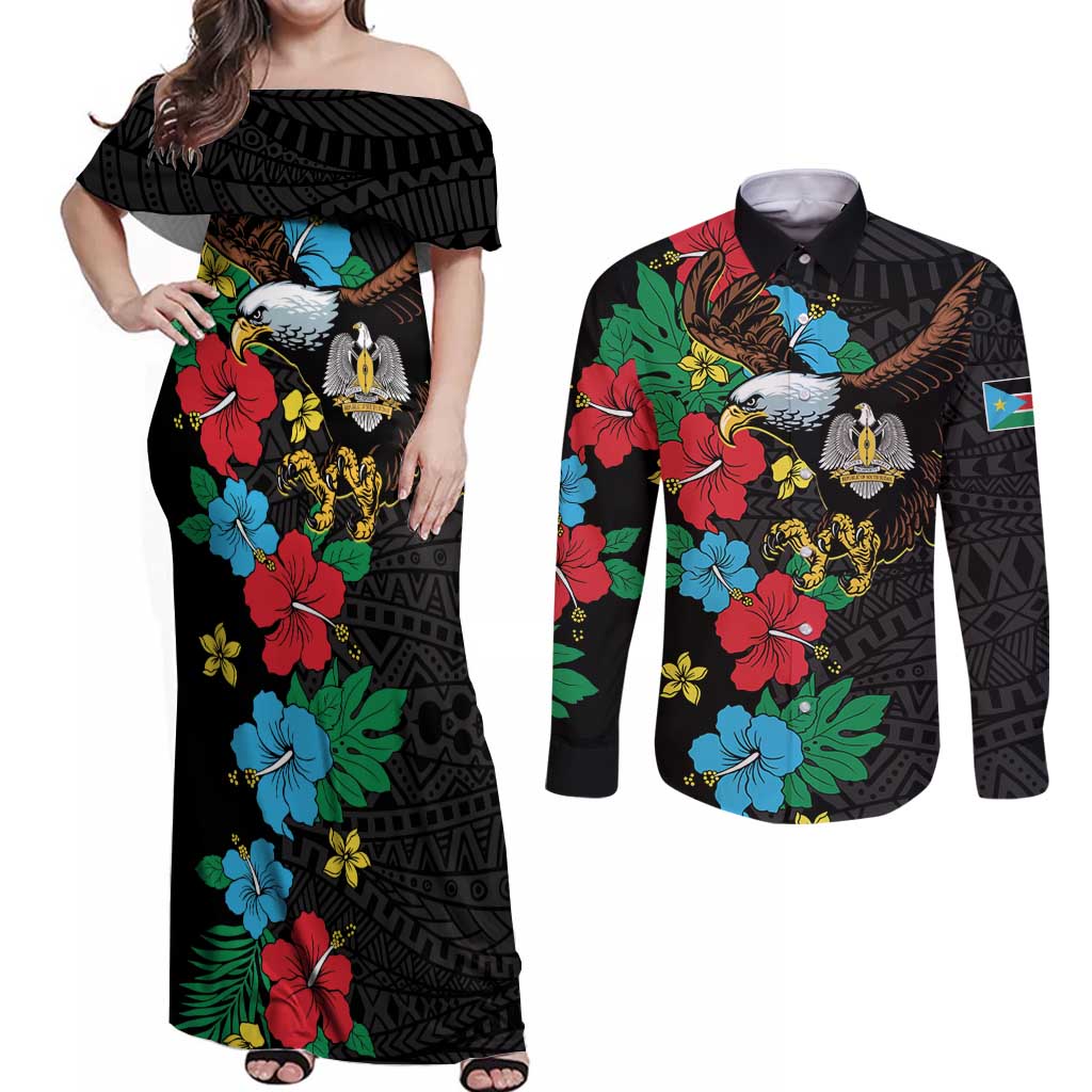 South Sudan Couples Matching Off Shoulder Maxi Dress and Long Sleeve Button Shirt Hibiscus Floral African Pattern - Wonder Print Shop