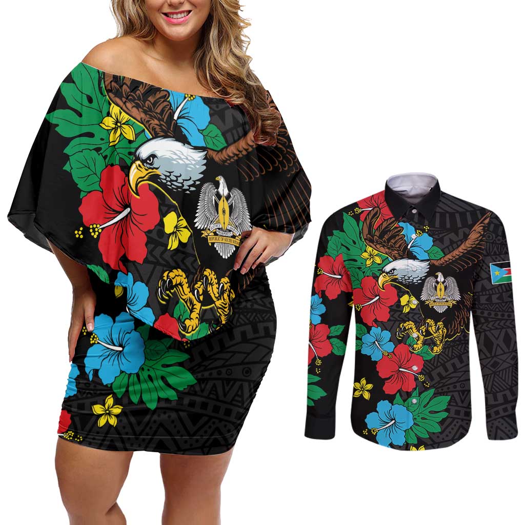 South Sudan Couples Matching Off Shoulder Short Dress and Long Sleeve Button Shirt Hibiscus Floral African Pattern - Wonder Print Shop