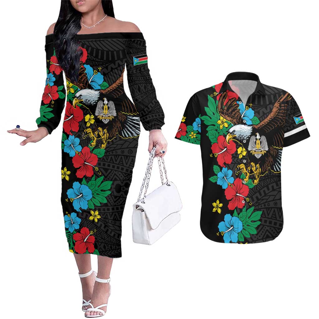 South Sudan Couples Matching Off The Shoulder Long Sleeve Dress and Hawaiian Shirt Hibiscus Floral African Pattern - Wonder Print Shop