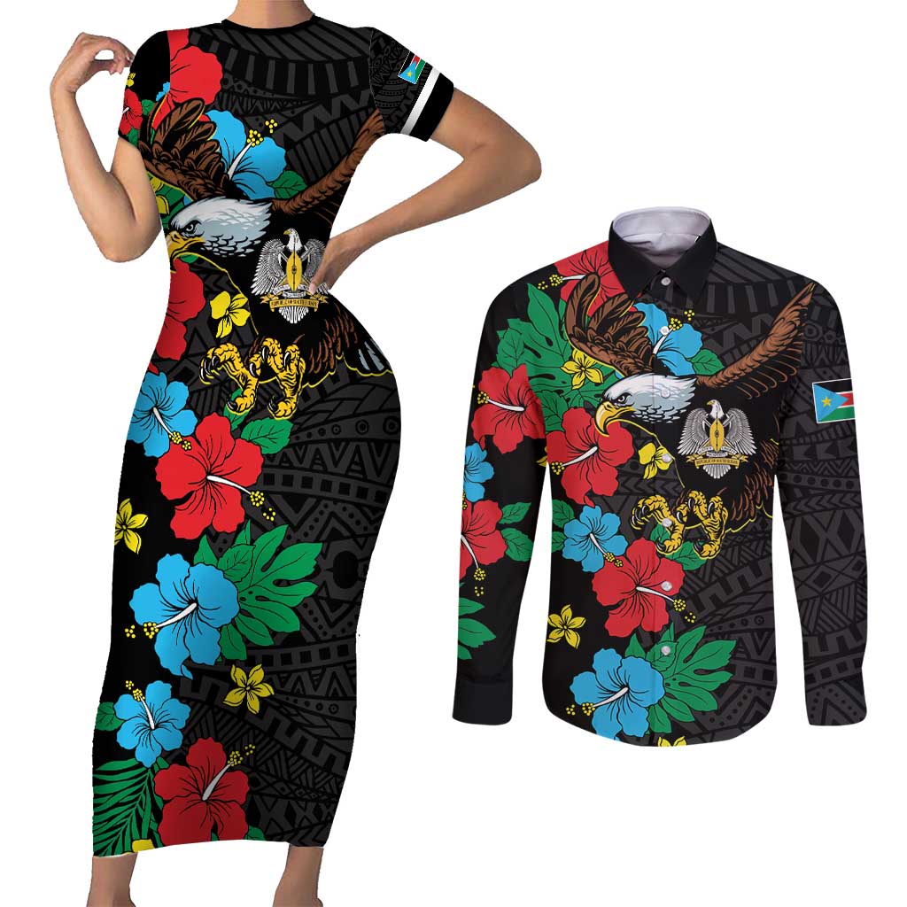 South Sudan Couples Matching Short Sleeve Bodycon Dress and Long Sleeve Button Shirt Hibiscus Floral African Pattern - Wonder Print Shop