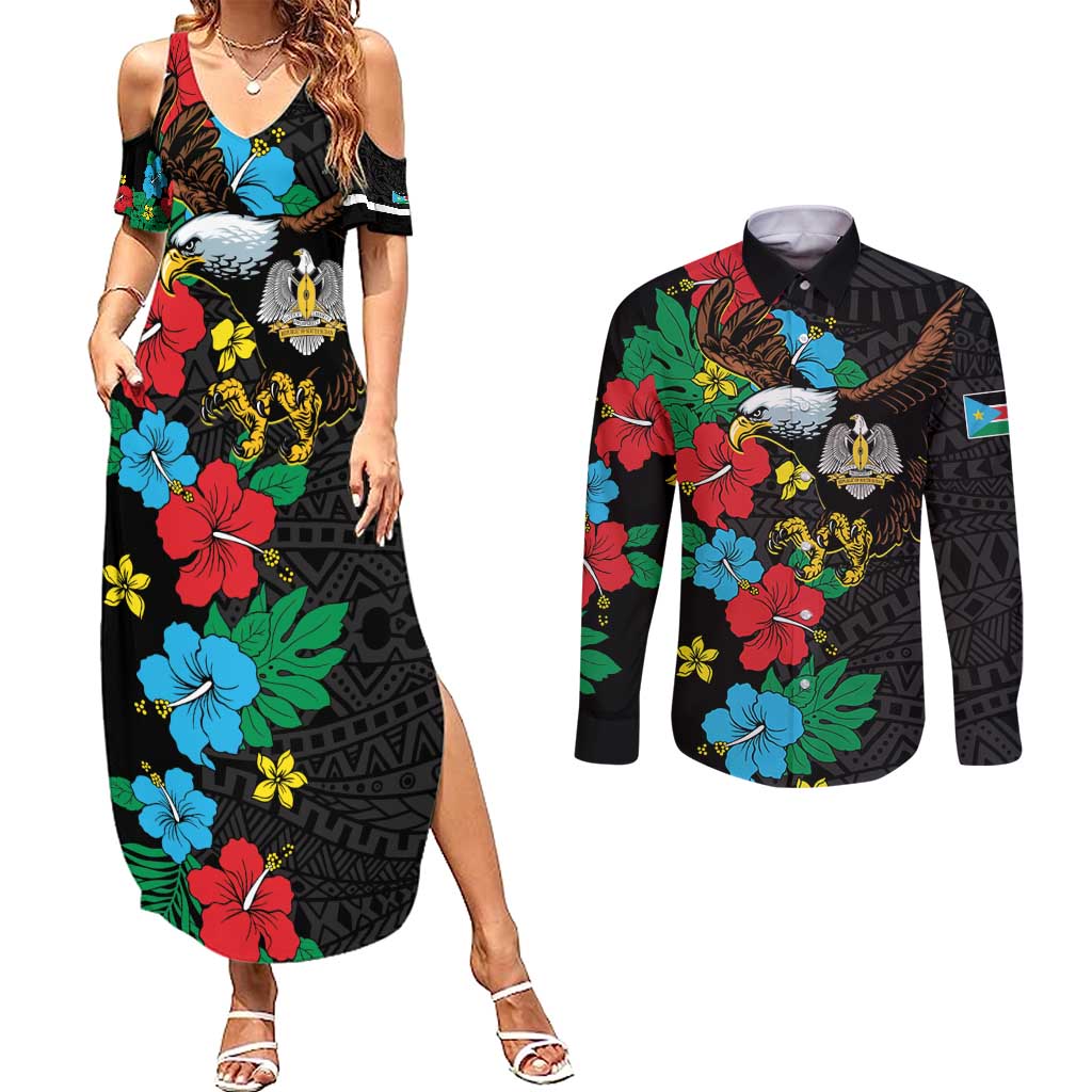 South Sudan Couples Matching Summer Maxi Dress and Long Sleeve Button Shirt Hibiscus Floral African Pattern - Wonder Print Shop