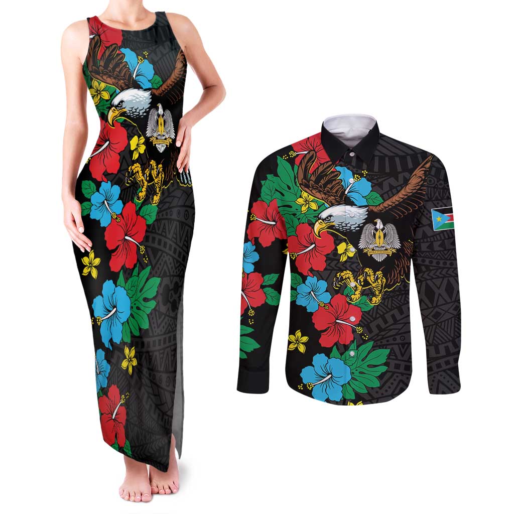 South Sudan Couples Matching Tank Maxi Dress and Long Sleeve Button Shirt Hibiscus Floral African Pattern - Wonder Print Shop