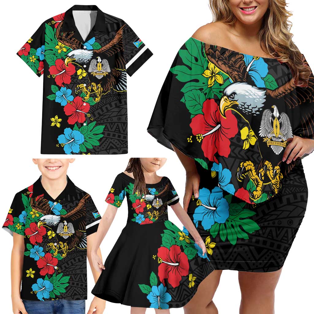 South Sudan Family Matching Off Shoulder Short Dress and Hawaiian Shirt Hibiscus Floral African Pattern - Wonder Print Shop