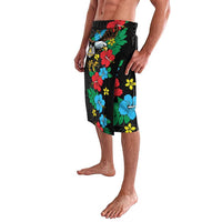Black floral African print shorts with hibiscus blooms and bird