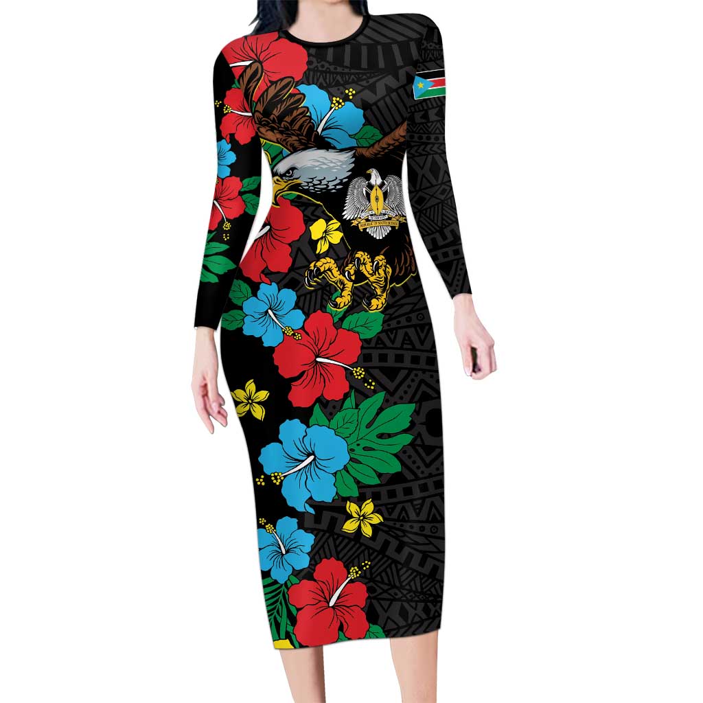 South Sudan Long Sleeve Bodycon Dress Hibiscus Floral African Pattern - Wonder Print Shop