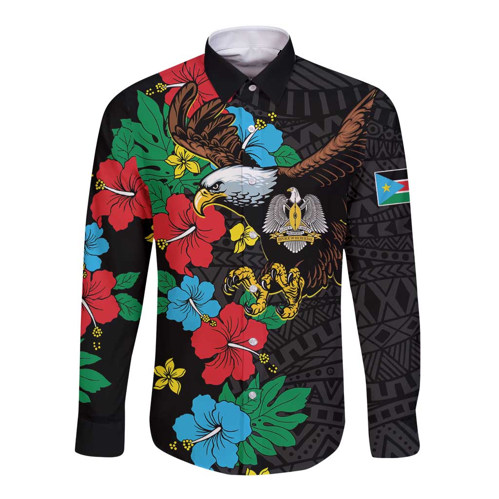 Black long-sleeve button shirt with hibiscus floral and eagle graphic, unisex