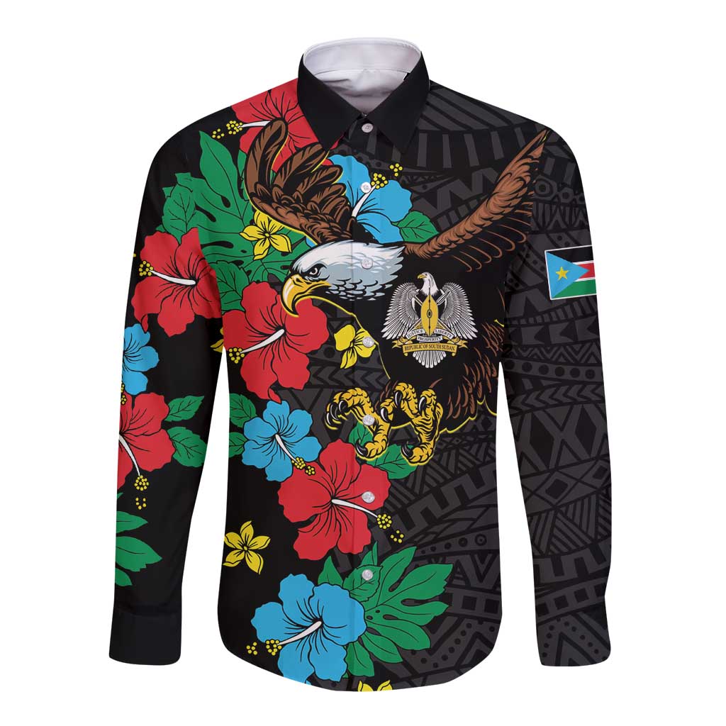 South Sudan Long Sleeve Button Shirt Hibiscus Floral African Pattern - Wonder Print Shop