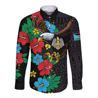 Black long-sleeve button shirt with hibiscus floral and eagle graphic, unisex