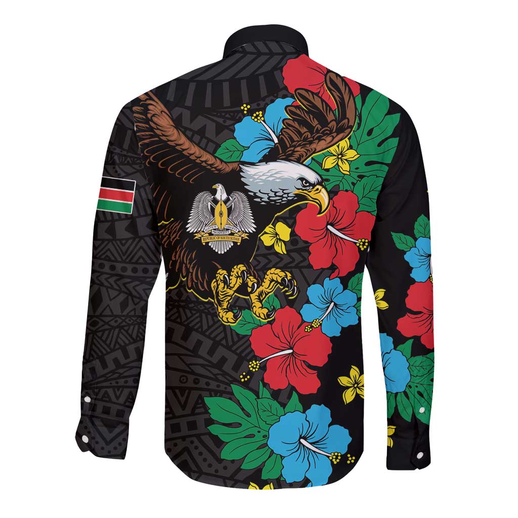 Black long-sleeve button shirt, back view, hibiscus floral eagle print