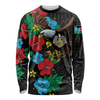 Unisex long sleeve shirt, black with hibiscus floral and eagle graphic front