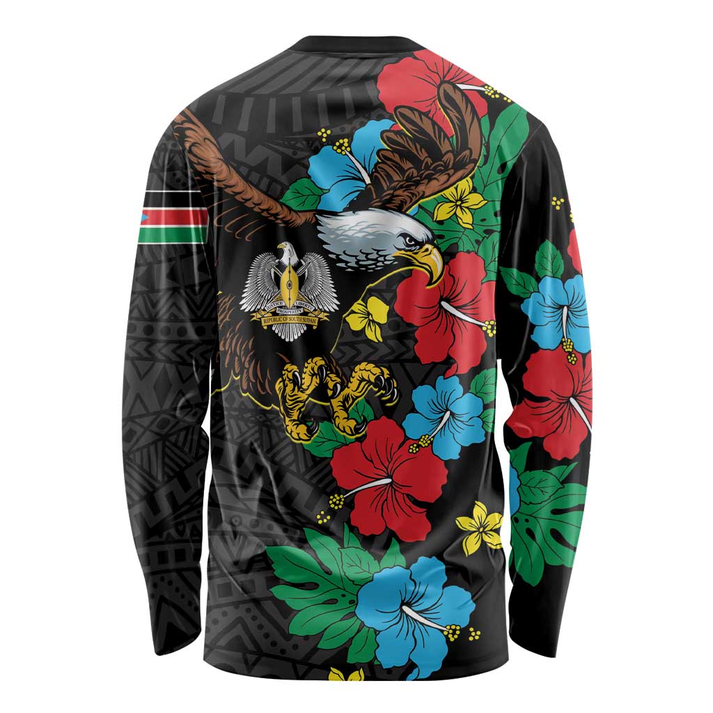 Unisex long sleeve shirt, black hibiscus floral pattern with eagle graphic back