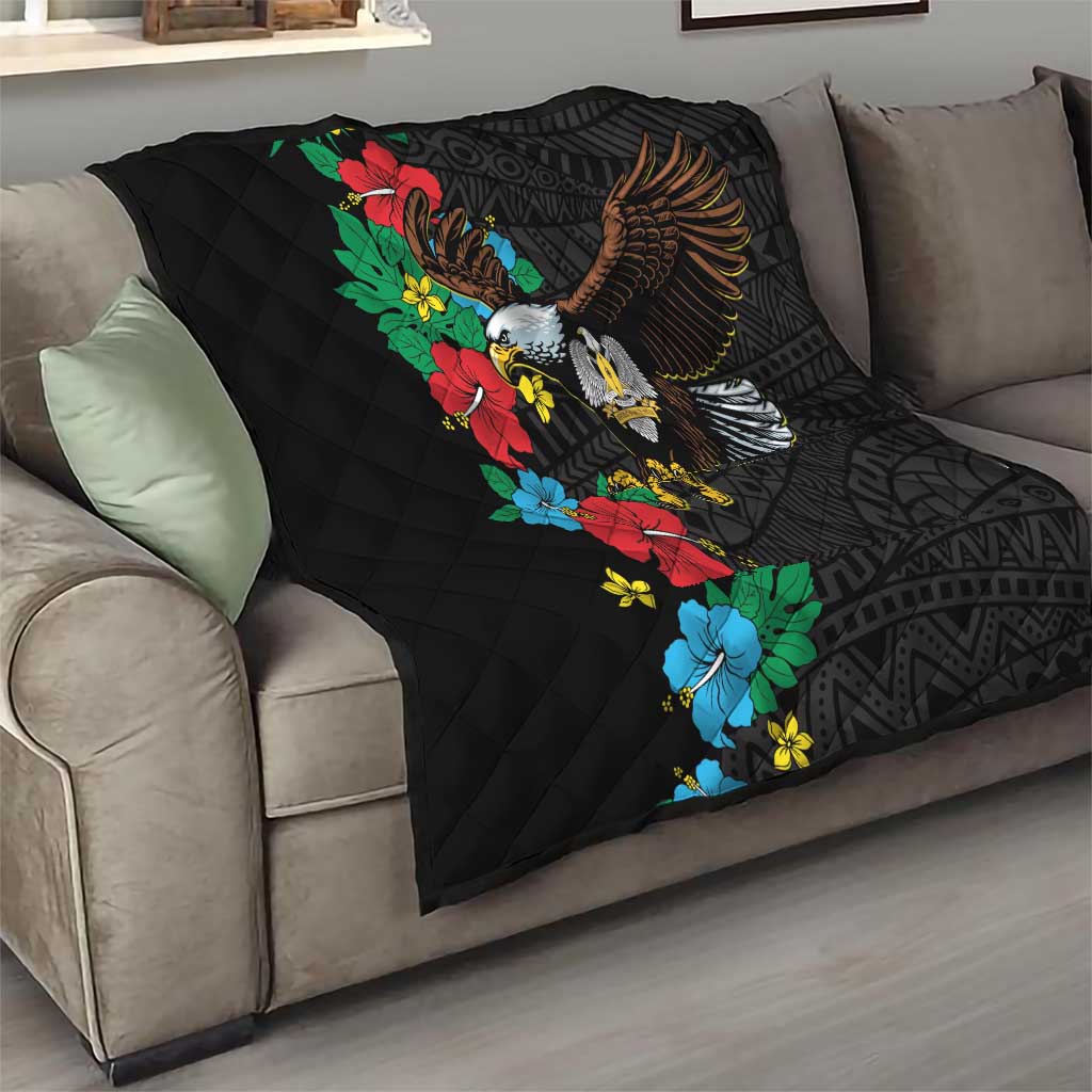 Black quilt blanket with colorful hibiscus floral and eagle flying graphic