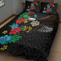 Black quilt bed set with hibiscus floral and eagle graphic, includes two pillowcases