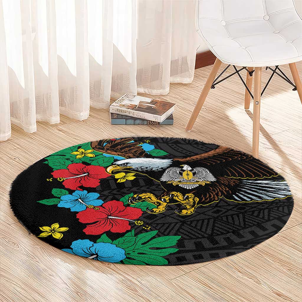 Black round carpet with hibiscus floral and eagle-like bird and lion motifs