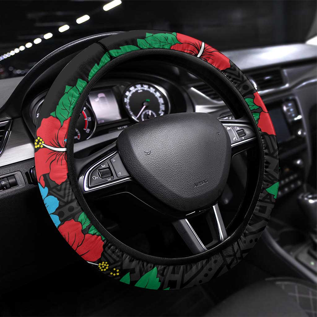 South Sudan Steering Wheel Cover Hibiscus Floral African Pattern - Wonder Print Shop