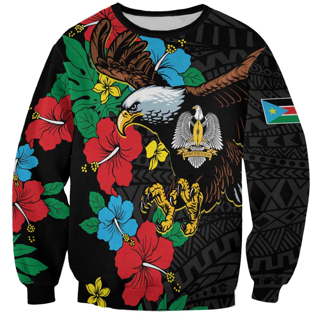 Black unisex sweatshirt with colorful bird and hibiscus floral pattern, geometric prints