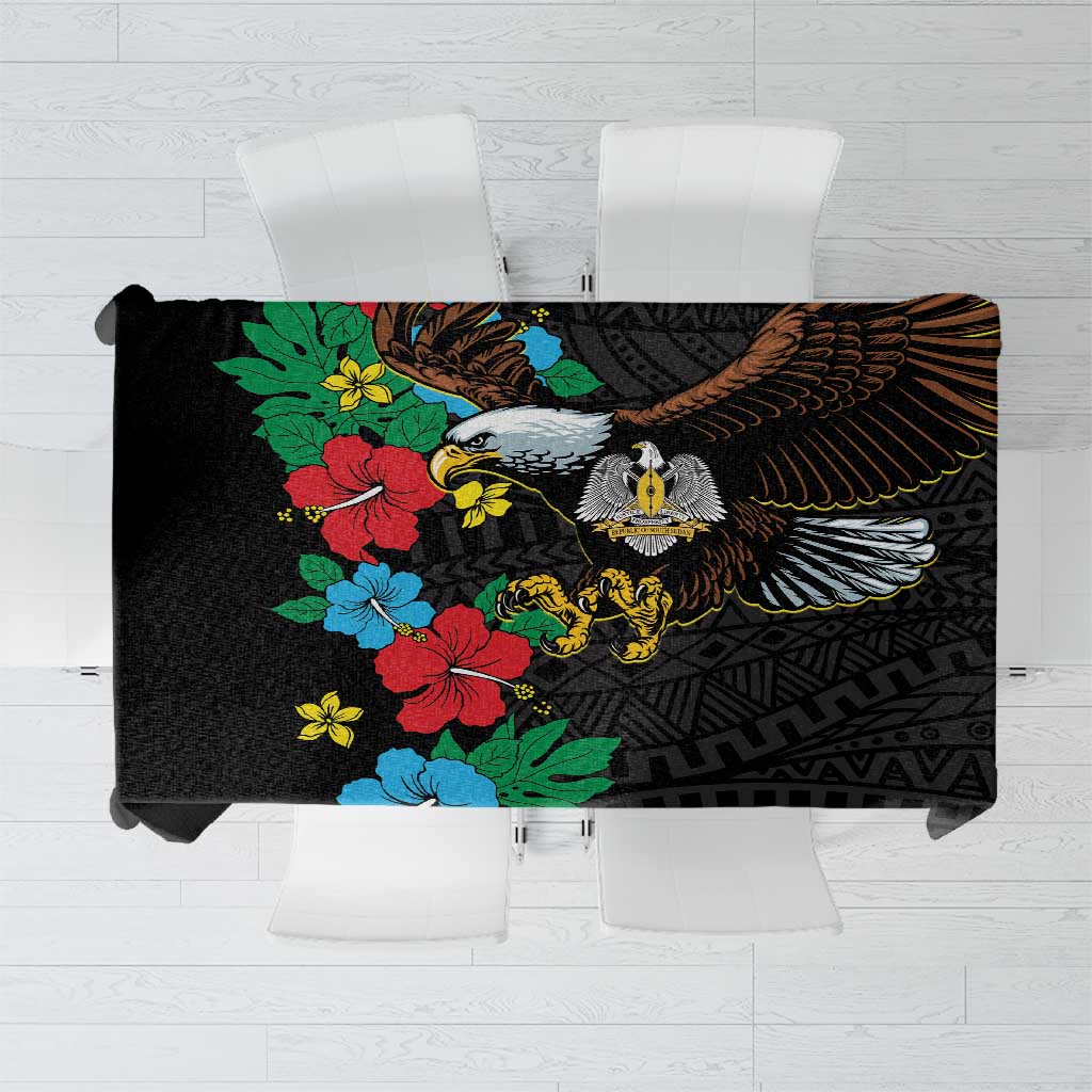 Black tablecloth with hibiscus floral print, bird motif, and dark geometric pattern