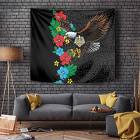 Black wall tapestry with eagle, hibiscus floral and geometric patterns
