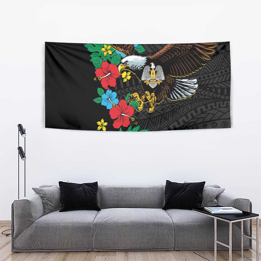 Black rectangular tapestry with eagle, hibiscus florals and tribal bands
