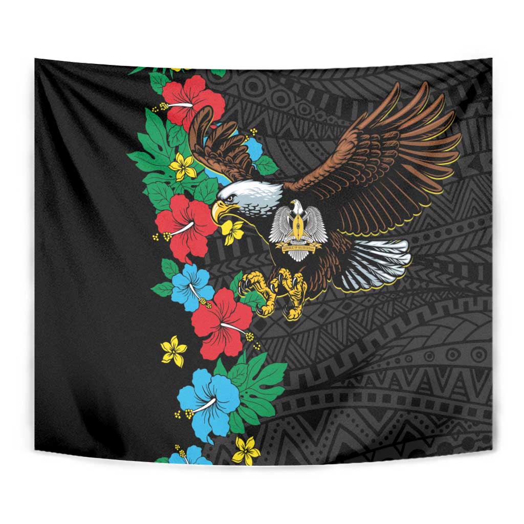 Black hibiscus floral tapestry with eagle and geometric texture close-up