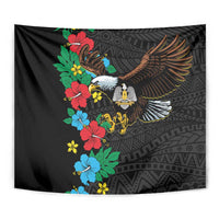 Black hibiscus floral tapestry with eagle and geometric texture close-up
