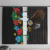 Black window curtain pair: hibiscus floral panel and bird wing motif on patterned fabric