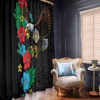 Black window curtain panels with hibiscus florals and eagle wing graphic in geometric print