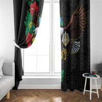 Black window curtains with floral hibiscus and bird wing motif by white window