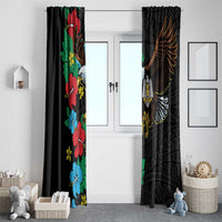 Black curtain panels with hibiscus floral strip and bird wing design for door or window
