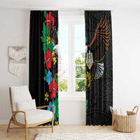 Black window curtains with floral hibiscus panel and bird-and-wing emblem on patterned background