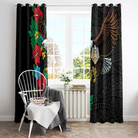 Black window curtain pair with hibiscus flowers on one panel and eagle-wing artwork on the other