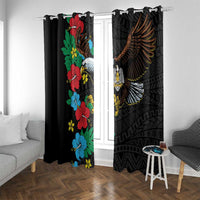 Black curtain panels with hibiscus floral print and bird-wing motif hanging on rod