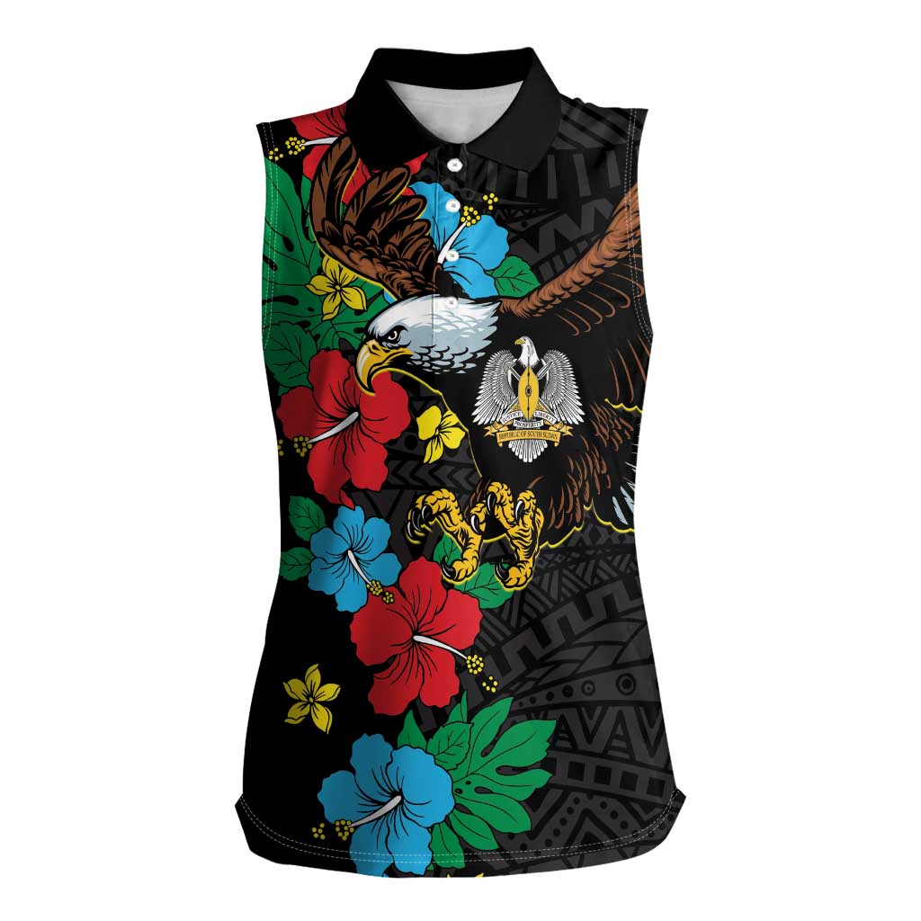 South Sudan Women Sleeveless Polo Shirt Hibiscus Floral African Pattern - Wonder Print Shop