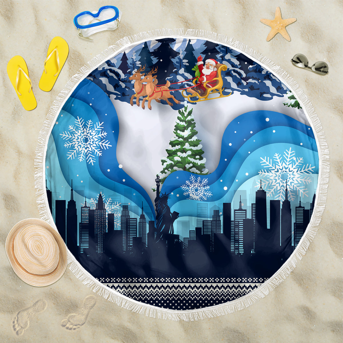 Round blue beach blanket with white fringe, winter skyline and Santa sleigh graphic