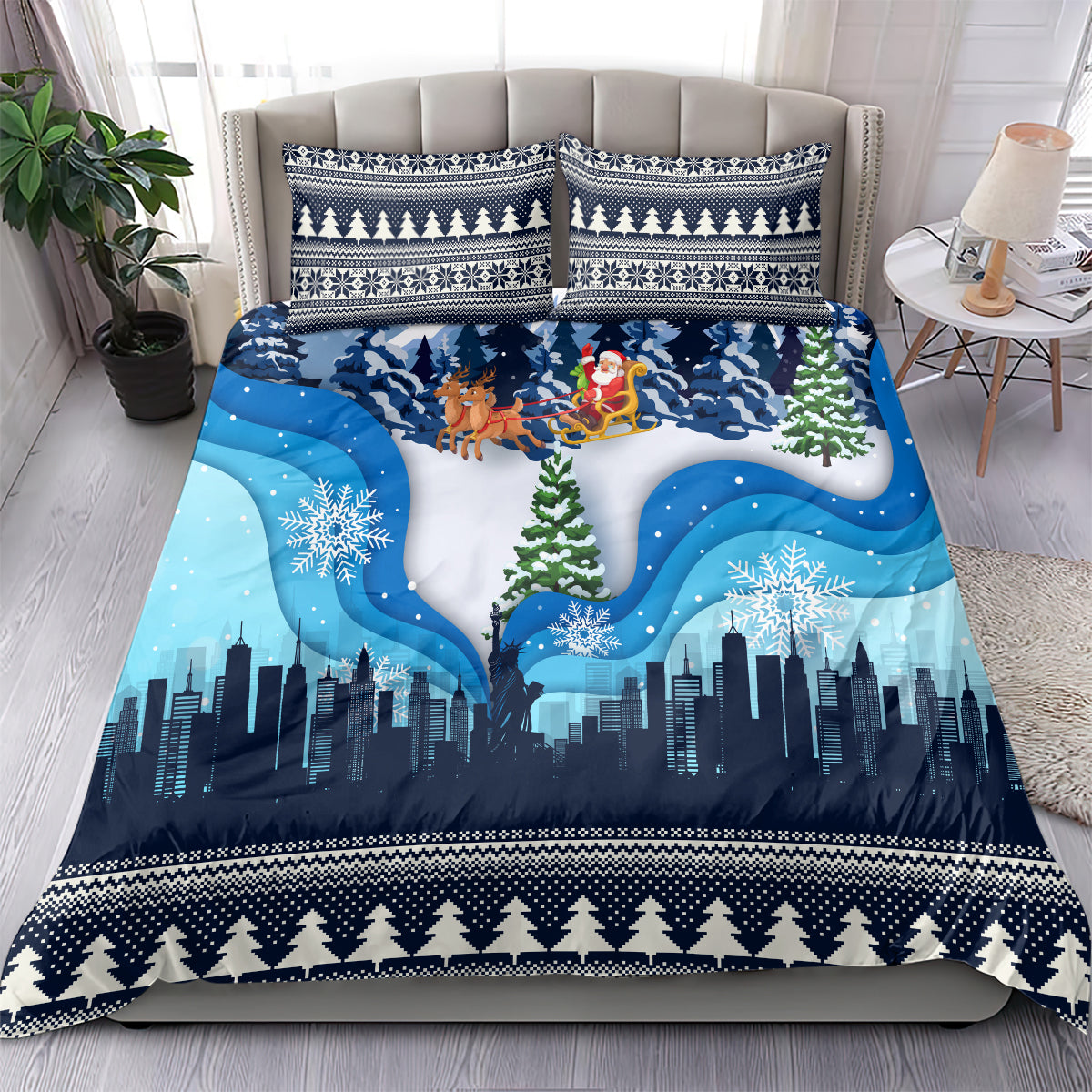 Blue Christmas bedding set with skyline and reindeer-style sleigh scene, snowflake trim
