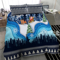 Blue Christmas bedding set with snowy pine tree, winter wave swirls, and city skyline