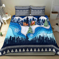 Blue Christmas bedding set with large city skyline, snowflake swirls, and matching pillows
