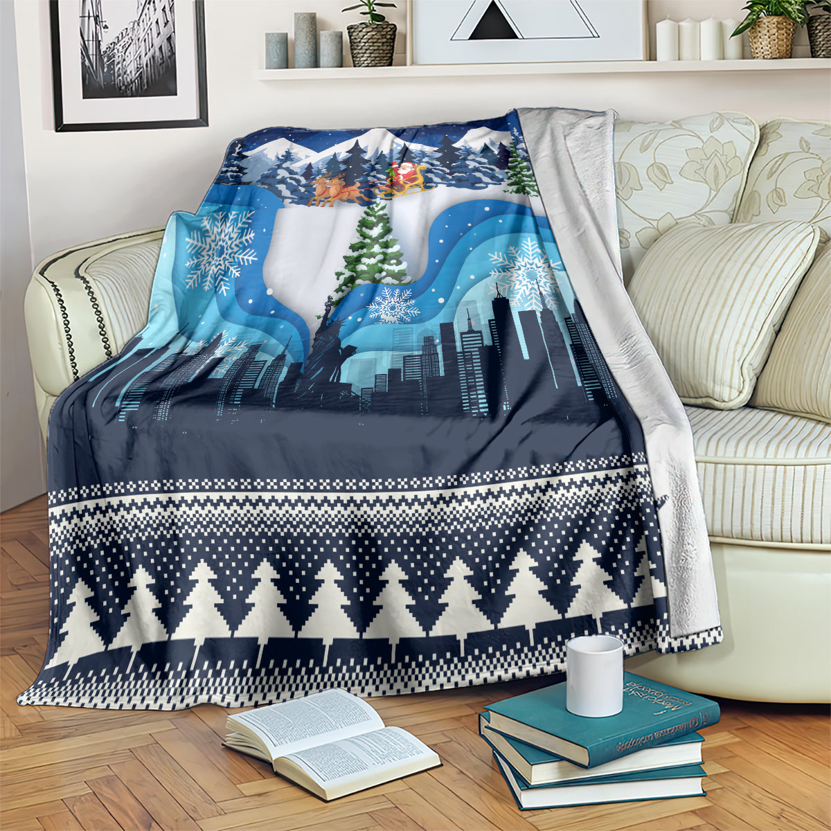 Blue Christmas blanket with Santa sleigh, snowy forest, and dark skyline bottom border.