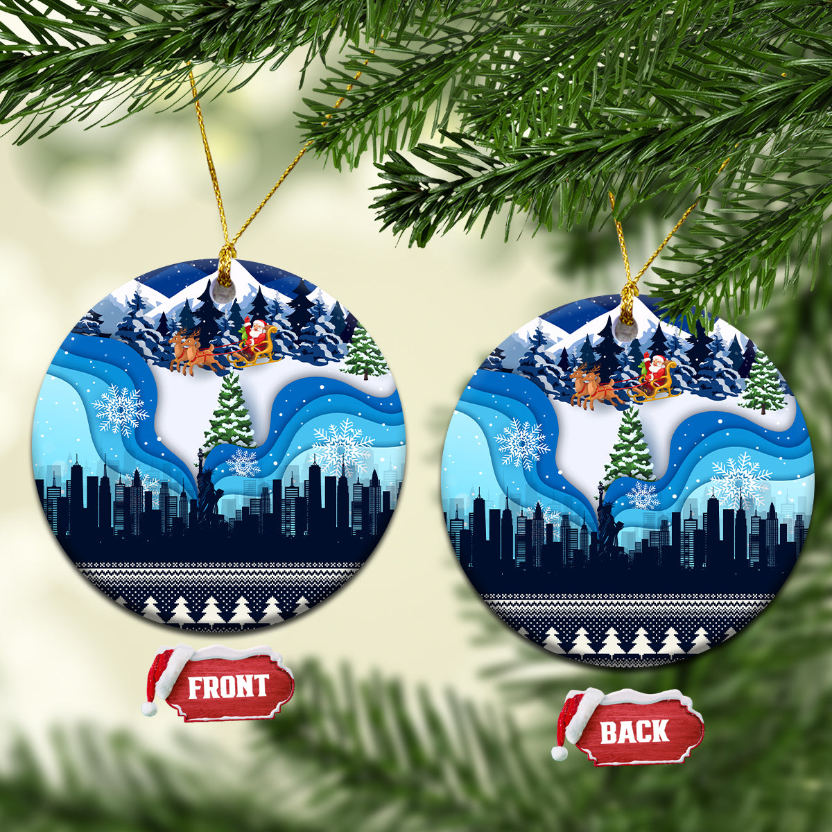 Blue winter skyline round ceramic Christmas ornament with tree and snowflake details, hanging