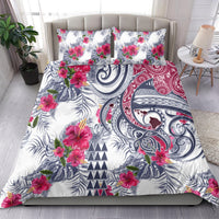 Tropical floral paisley bedding set, white with red flowers and navy patterns, 2 pillowcases.