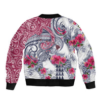 Unisex bomber jacket, maroon and white paisley floral print, black ribbed collar and cuffs