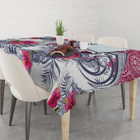 Rectangular tablecloth with palm leaf and paisley prints in blue and magenta on white