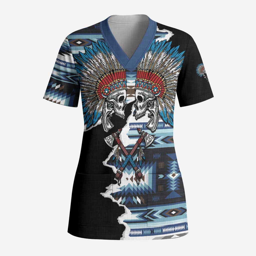 Native American Chief Skull With Axe Scrub Top - Wonder Print Shop
